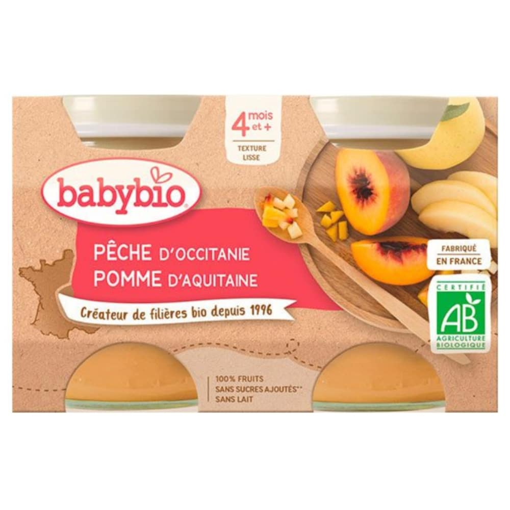 BABYBIO – Pots De Pêche Et Pomme 4mois+ Bio – 2x – 130g