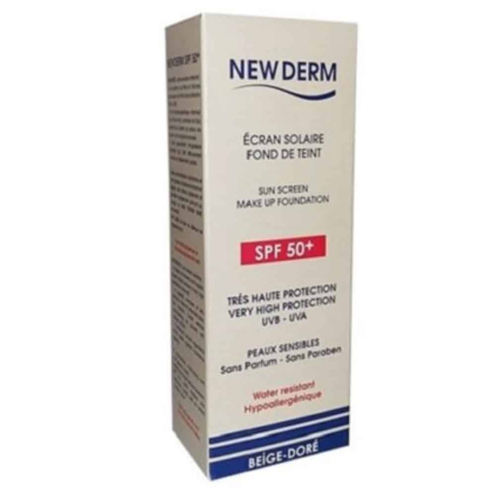 NEW DERM – Ecran Solaire Fond De Teint Beige-dorée SPF50+ – 50ml