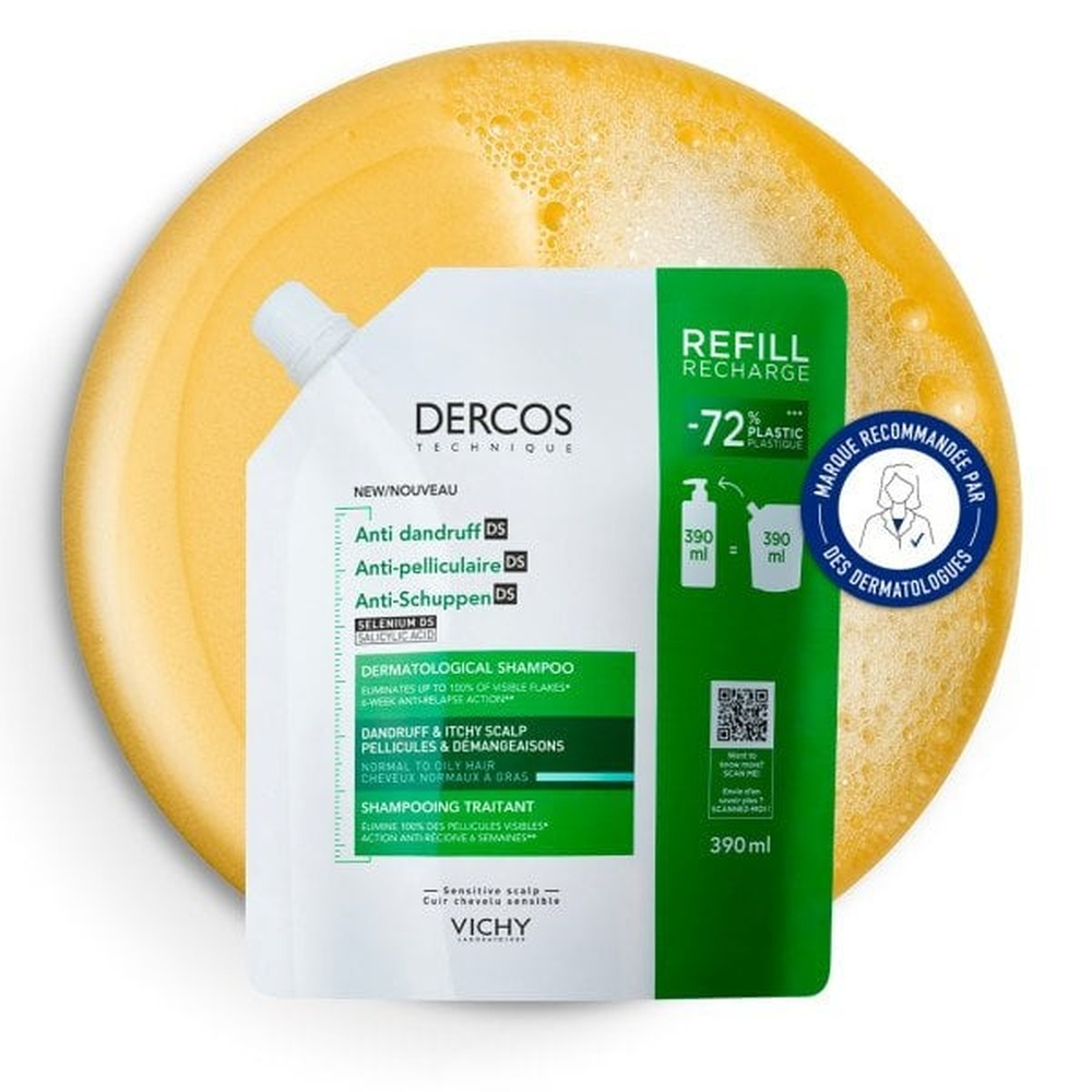VICHY – Dercos DS Shampoing Traitant Anti-Pelliculaire Cheveux Normaux à Gras Eco-Recharge – 390ml 1