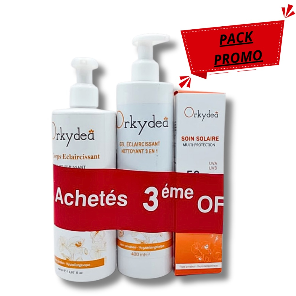🎁 PACK 🎁 – ORKYDEA – duo pack Lait corps Eclairc+ecran solaire+Gel nett Eclairc