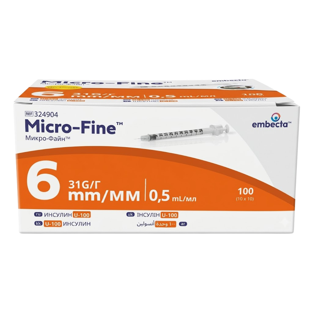Embecta Micro-Fine Plus Seringue A insuline 0.5ml/31G/6MM 100 Boite